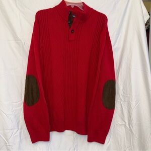 Chaps Men's Red Cable Knit 1/4 Button Sweater with Brown Elbow Patches, XXL